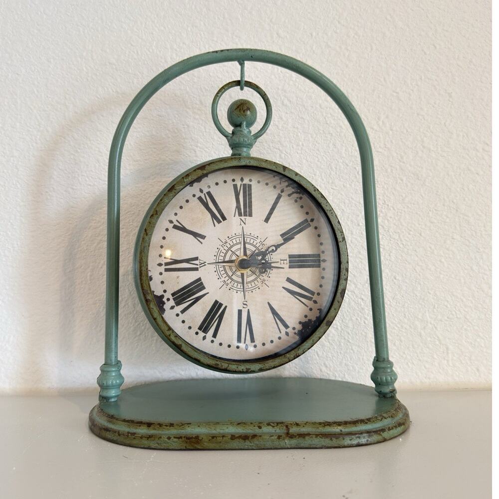 Hobby Lobby Vintage Green Table Shelf Clock Compass Roman Numerals Quartz